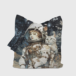 Сумка-шопер Девушка космонавт с белым котом, цвет: 3D-принт