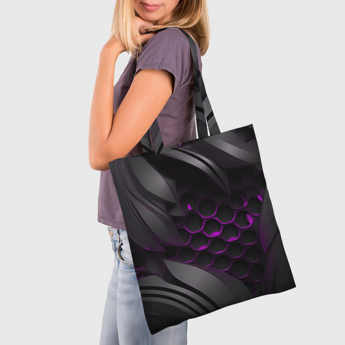 Сумка-шоппер Черные объекты с фиолетовой сеткой / 3D-принт – фото 3
