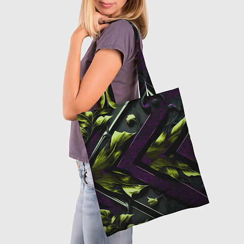 Сумка-шоппер Зеленые листья и фиолетовые вставки / 3D-принт – фото 3
