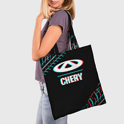 Сумка-шопер Значок Chery в стиле glitch на темном фоне, цвет: 3D-принт — фото 2