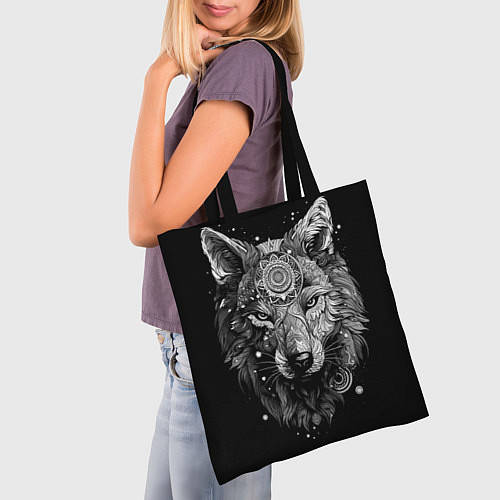 Сумка-шоппер Волк в черно-белом орнаменте / 3D-принт – фото 3