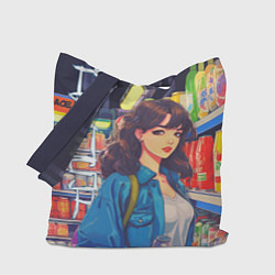 Сумка-шопер Crush - ретро девочка-аниме в магазине, цвет: 3D-принт