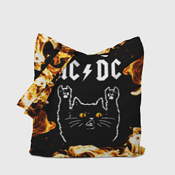 Сумка-шопер AC DC рок кот и огонь, цвет: 3D-принт