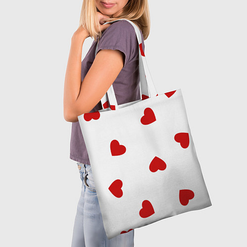 Сумка-шоппер Красные сердечки на белом / 3D-принт – фото 3