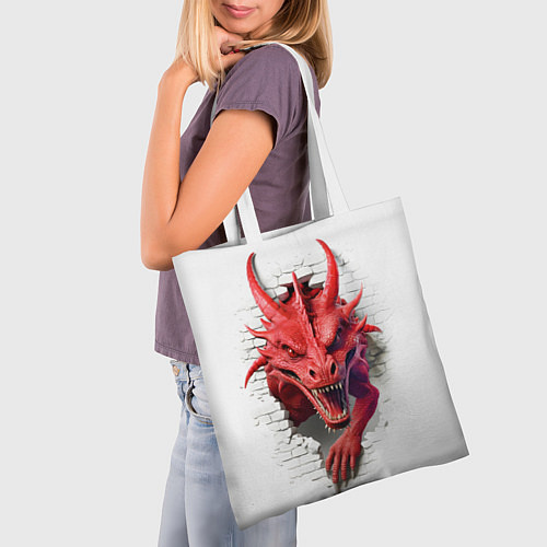 Сумка-шоппер Красный дракон выглядывает из стены / 3D-принт – фото 3