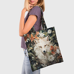 Сумка-шопер Белая лисица в кустах цветов, цвет: 3D-принт — фото 2
