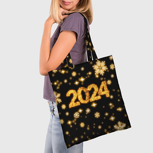 Сумка-шоппер Новый 2024 год - золотые снежинки / 3D-принт – фото 3