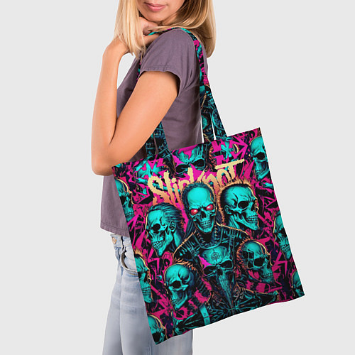 Сумка-шоппер Slipknot на фоне рок черепов / 3D-принт – фото 3