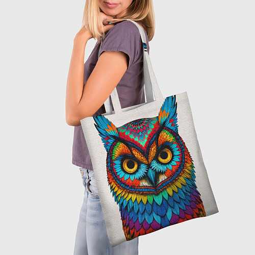 Сумка-шоппер Сова желтоглазая с разноцветными перьями / 3D-принт – фото 3
