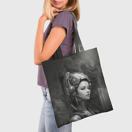 Сумка-шоппер Черно-белая иллюстрация девушки в шлеме / 3D-принт – фото 3