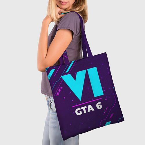 Сумка-шоппер Символ GTA 6 в неоновых цветах на темном фоне / 3D-принт – фото 3