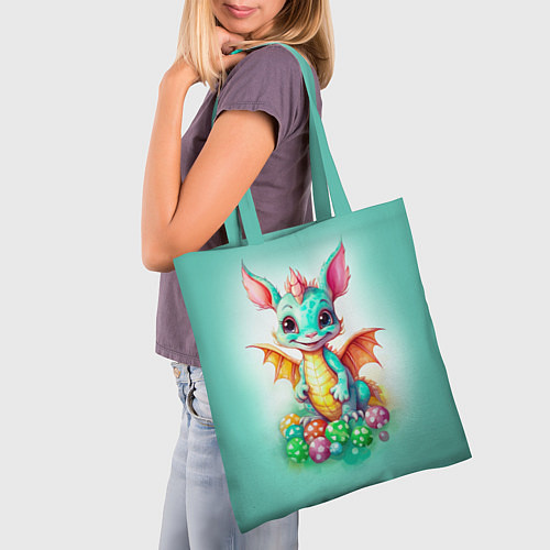 Сумка-шоппер Зеленый дракончик с новогодними игрушками / 3D-принт – фото 3