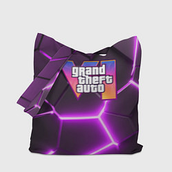 Сумка-шопер GTA 6 лого на фоне разлома фиолетовых плит, цвет: 3D-принт