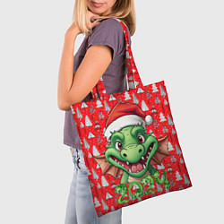 Сумка-шопер Зеленый новогодний дракон на красном фоне, цвет: 3D-принт — фото 2