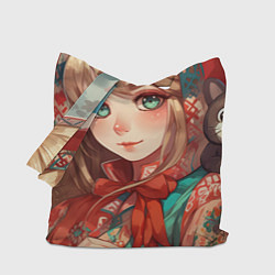 Сумка-шопер Русская девушка в аниме стиле в платке и с плюшево, цвет: 3D-принт