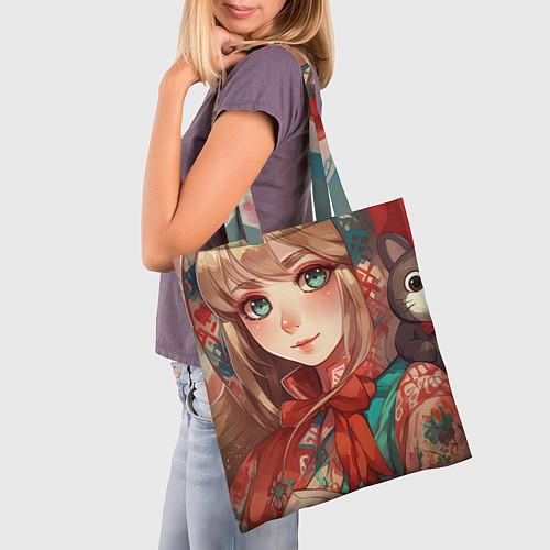 Сумка-шоппер Русская девушка в аниме стиле в платке и с плюшево / 3D-принт – фото 3