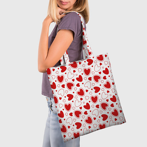 Сумка-шоппер Красные сердечки на белом фоне / 3D-принт – фото 3