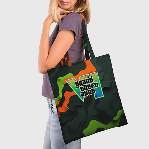 Сумка-шоппер Gta лого зелено-оранжевый камуфляж / 3D-принт – фото 3
