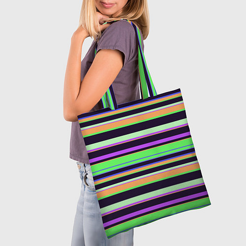 Сумка-шоппер Зелёно-фиолетовый полосатый / 3D-принт – фото 3