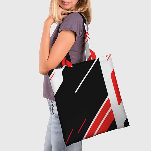 Сумка-шоппер Бело-красные полосы на чёрном фоне / 3D-принт – фото 3