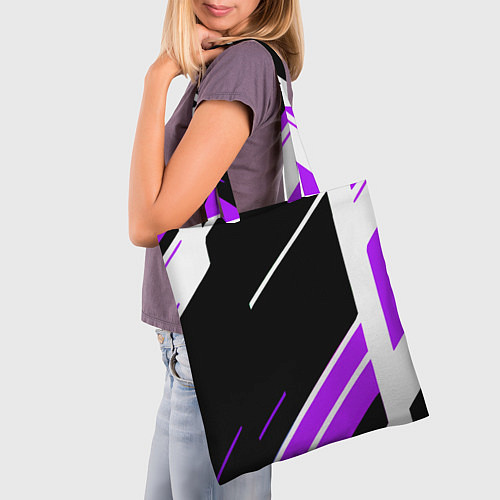 Сумка-шоппер Бело-фиолетовые полосы на чёрном фоне / 3D-принт – фото 3