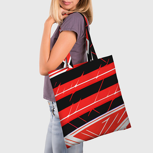 Сумка-шоппер Чёрно-белые полосы на красном фоне / 3D-принт – фото 3
