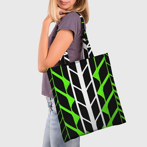 Сумка-шоппер Бело-зелёные линии на чёрном фоне / 3D-принт – фото 3