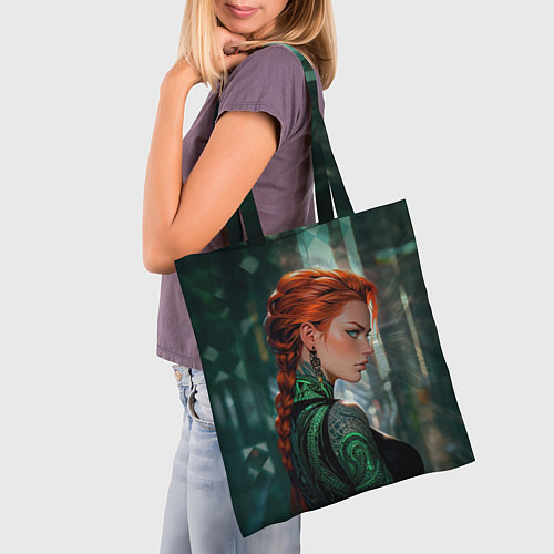Сумка-шоппер Рыжая девушка с неоновыми татуировками / 3D-принт – фото 3