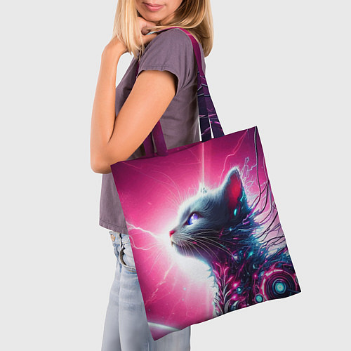 Сумка-шоппер Космический кибер котёнок - неоновое свечение / 3D-принт – фото 3