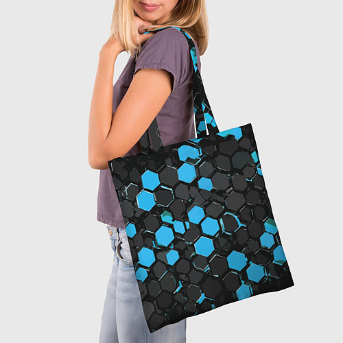 Сумка-шоппер Сине-серые шестиугольники на чёрном фоне / 3D-принт – фото 3