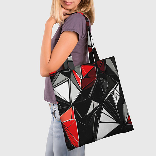 Сумка-шоппер Красно-белые рельефные треугольники на чёрном фоне / 3D-принт – фото 3