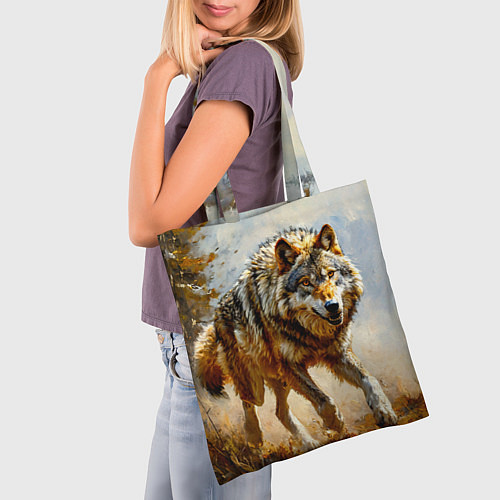 Сумка-шоппер Волк в осеннем лесу / 3D-принт – фото 3