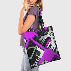 Сумка-шопер Бело-фиолетовый техно паттерн на чёрном фоне, цвет: 3D-принт — фото 2