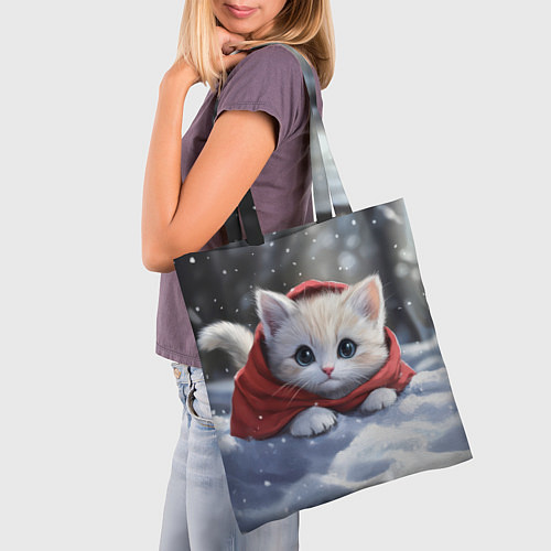Сумка-шоппер Новогодняя кошечка на снегу / 3D-принт – фото 3