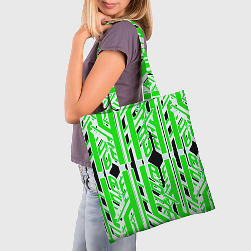 Сумка-шоппер Бело-зелёные техно полосы на чёрном фоне / 3D-принт – фото 3