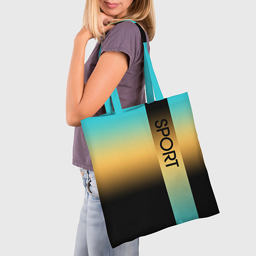 Сумка-шоппер Sport бирюзово-жёлто-чёрный градиент с полосой / 3D-принт – фото 3