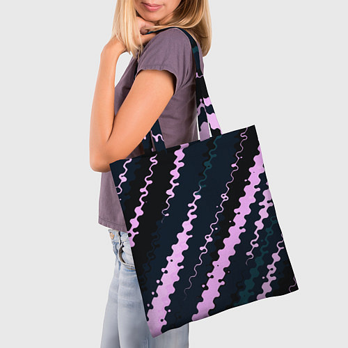 Сумка-шоппер Тёмно-синий с розовым искажённые полосы / 3D-принт – фото 3