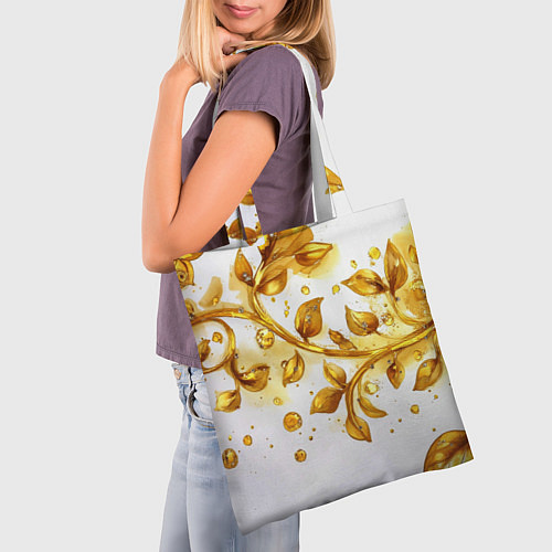 Сумка-шоппер Золотые листья на белом / 3D-принт – фото 3