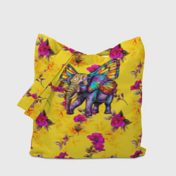 Сумка-шопер Слон с крыльями бабочки на цветочном фоне, цвет: 3D-принт