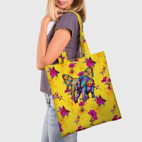 Сумка-шоппер Слон с крыльями бабочки на цветочном фоне / 3D-принт – фото 3