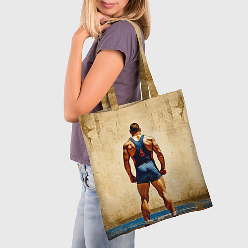 Сумка-шоппер Греко-римский борец на бежевом / 3D-принт – фото 3