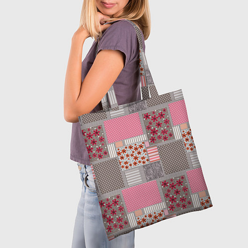 Сумка-шоппер Розово-серые разноцветные лоскуты / 3D-принт – фото 3