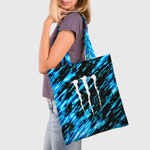 Сумка-шоппер Monster energy штрихи голубых неоновых красок / 3D-принт – фото 3