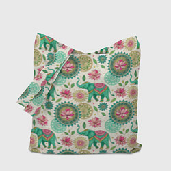 Сумка-шопер Слоны и мандалы паттерн в индийской стилистике, цвет: 3D-принт