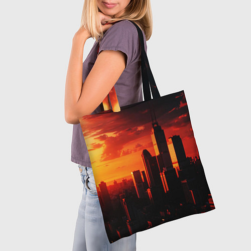Сумка-шоппер Стилизованный город оранжевый закат / 3D-принт – фото 3