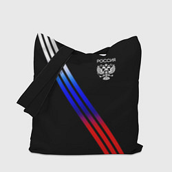 Сумка-шопер Герб и полосы с цветами флага России на чёрном, цвет: 3D-принт