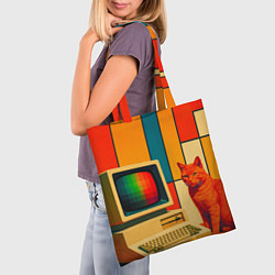 Сумка-шопер Кот и винтажный компьютер ретрофутуризм поп-арт 19, цвет: 3D-принт — фото 2