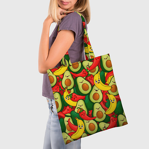 Сумка-шоппер Авокадо, бананы, перцы чили улыбаются - паттерн фр / 3D-принт – фото 3