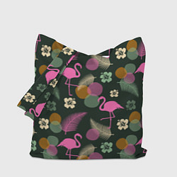 Сумка-шоппер Фламинго и листья на темно-зеленом