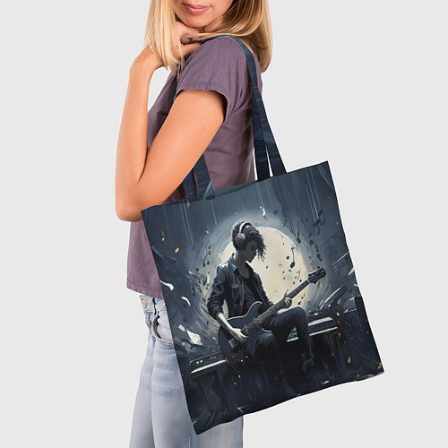 Сумка-шоппер Играющий на гитаре в свете Луны музыкант / 3D-принт – фото 3